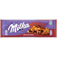 a milka mmmax chocolate bar with almonds and caramel