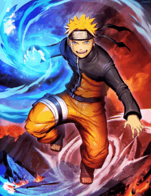 a drawing of naruto with a blue swirl behind him