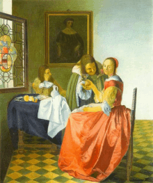 a painting of a woman in a red dress sitting at a table with two other people