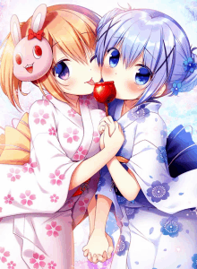 two anime girls wearing kimonos and bunny ears are kissing