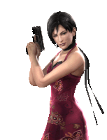 a woman in a red dress is holding a gun in her right hand