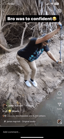 a phone screen shows a man holding a fishing rod and says bro was to confident