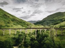 a train is going over a bridge surrounded by trees and mountains