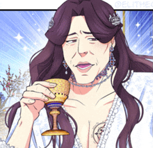 a woman with long purple hair is holding a gold goblet with a crown on it