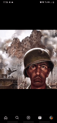 a painting of a soldier wearing a helmet with smoke coming out of his eyes