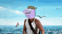 a cartoon of a man with a purple head and beard standing in front of the ocean