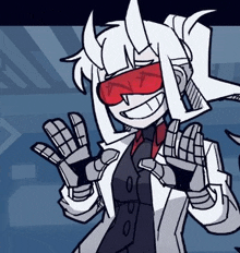 a cartoon character with horns is wearing a lab coat and goggles and waving her hands .