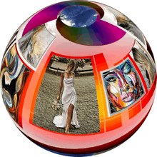 a colorful sphere with a woman in a white dress on it