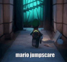 a video game character is running down a hallway with the words mario jumpscare written on the bottom .