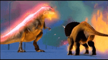 a cartoon of a t-rex and triceratops fighting each other