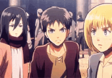 a group of three anime characters are standing next to each other .