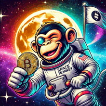 a monkey in a space suit holding a coin with the letter b on it