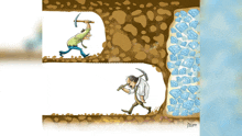 a cartoon of a man carrying a pickaxe and another man carrying a pickaxe in a tunnel