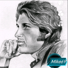 a black and white drawing of a man with the name mike 69 on it