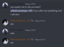 a screenshot of a discord conversation between robloxianplayer_104 and 05-e