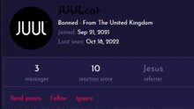 a screenshot of a person 's juul account which has been banned from the united kingdom