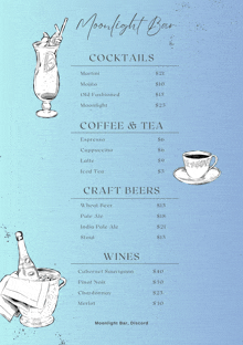 a menu for a moonlight bar includes cocktails coffee and tea and craft beers