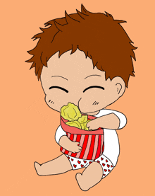 a cartoon drawing of a baby eating a bag of popcorn