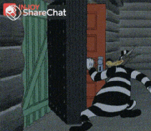 a cartoon of a prisoner trying to open a door with a sharechat icon in the corner