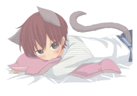 a boy with cat ears is laying on a bed with a pink pillow