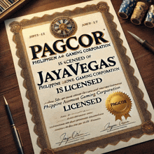 a piece of paper that says pagcor jayavegas is licensed