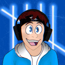 a cartoon drawing of a man wearing headphones and a blue background