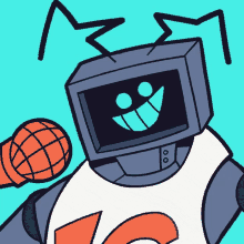 a cartoon drawing of a robot holding a microphone with a smile on his face