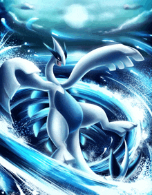 a blue and white dragon is surrounded by a swirl of water