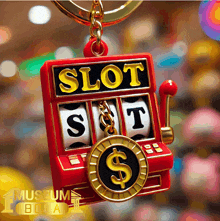 a keychain of a slot machine with a dollar sign