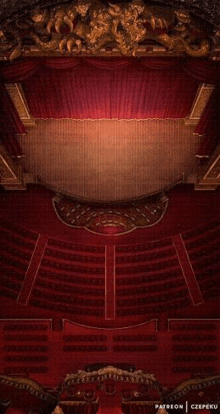 it is a map of an empty theatre with a red curtain and rows of seats .