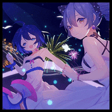 a couple of anime girls sitting next to each other with fireworks in the background