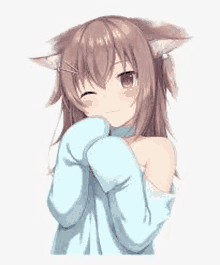 a cute anime girl with cat ears is wearing a blue sweater and a choker .