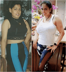 a before and after photo of a woman in a black top