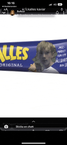 a phone screen shows a picture of a boy on a bar of alles