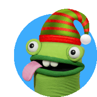 a green monster wearing a red and green striped elf hat