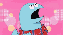 a cartoon character wearing a scarf and a plaid shirt with its mouth open