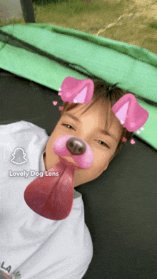 a boy laying on a trampoline with a lovely dog lens