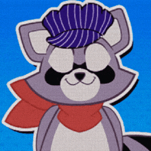 a raccoon wearing a purple hat and a scarf