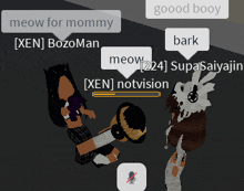 a screenshot of a video game that says " meow for mommy " and " good booy "