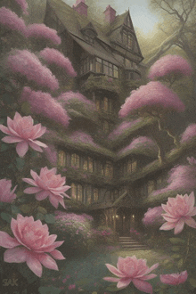 a painting of a house surrounded by pink flowers with the name sax on the bottom right