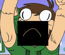 a cartoon character is holding up his arms and covering his face with a black square .