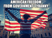 a woman holding an american flag with the words american freedom from government tyranny above her