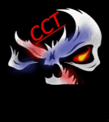 a skull with red eyes and the word cct written on it