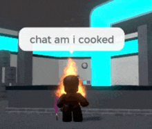 a cartoon character with a fire coming out of his head and a speech bubble that says " chat am i cooked "