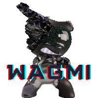 a figurine with the word wagmi in red and blue letters