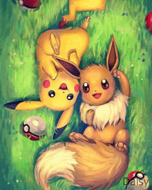 a painting of a pikachu and eevee laying in the grass by daisy