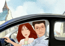 a man and a woman are in a car with a tower in the background