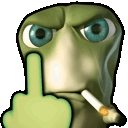 a green alien is smoking a cigarette and giving the middle finger .