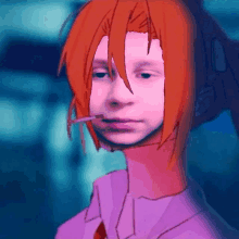 a girl with red hair is wearing a headset and smoking a cigarette