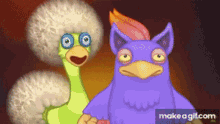 a purple bird is standing next to a yellow bird with a afro